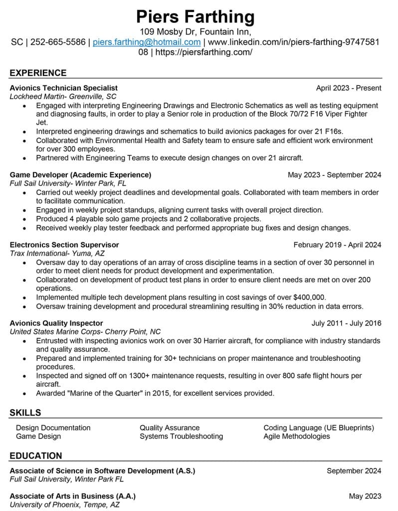Piers Farthing Game Designer Resume